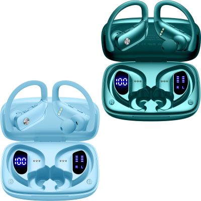 2 Sets Wireless Earbuds Bluetooth Headphones 48hrs Play Back Sport Earphones with LED Display Over-Ear Buds with Earhooks Built-in Mic Headset for Workout Sky Blue+Green