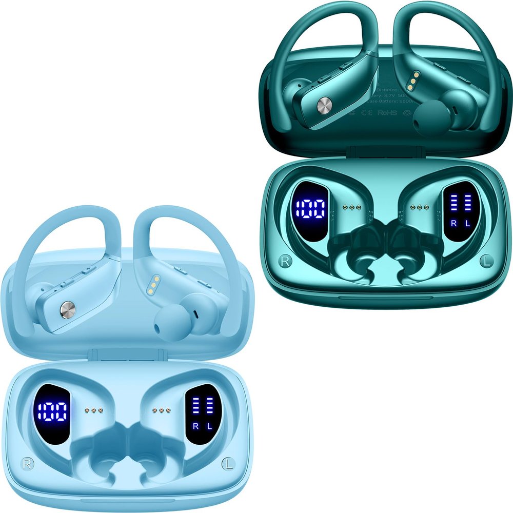 2 Sets Wireless Earbuds Bluetooth Headphones 48hrs Play Back Sport Earphones with LED Display Over-Ear Buds with Earhooks Built-in Mic Headset for Workout Sky Blue+Green