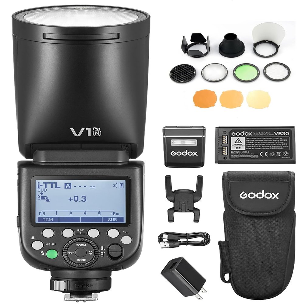 GODOX V1 PRO N 2.4G Wireless Camera Flash 1/8000s HSS 1.3s Recycle Time with M/TTL Flash Mode with Detachable Sub Flash Speedlite Compatible with Nikon Cameras + Godox AK-R1 Pocket Flash Light Acces
