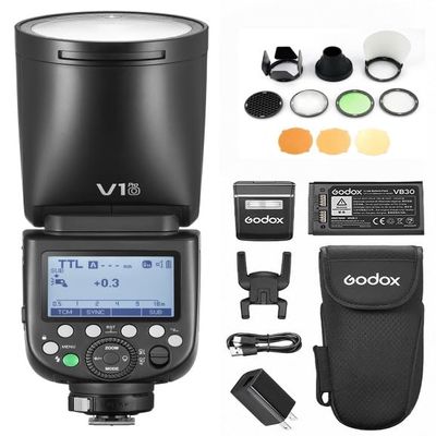 GODOX V1 PRO O 2.4G Wireless Camera Flash 1/8000s HSS 1.3s Recycle Time with M/TTL Flash Mode Detachable Sub Flash Speedlite Compatible with OM System Cameras + Godox AK-R1 Pocket Flash Light Acces