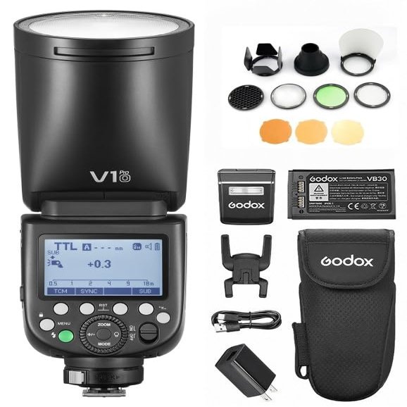 GODOX V1 PRO O 2.4G Wireless Camera Flash 1/8000s HSS 1.3s Recycle Time with M/TTL Flash Mode Detachable Sub Flash Speedlite Compatible with OM System Cameras + Godox AK-R1 Pocket Flash Light Acces