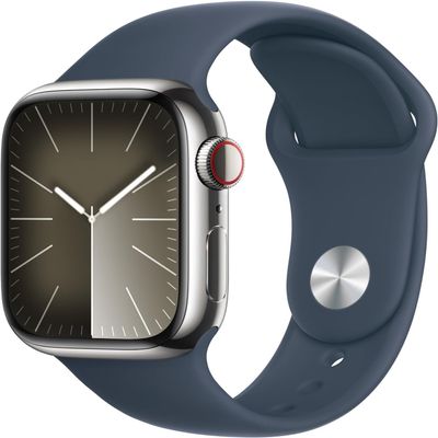 Apple Watch Series 9 [GPS + Cellular 41mm] Smartwatch with Silver Stainless Steel Case with Storm Blue Sport Band S/M. Fitness Tracker, ECG Apps, Always-On Retina Display