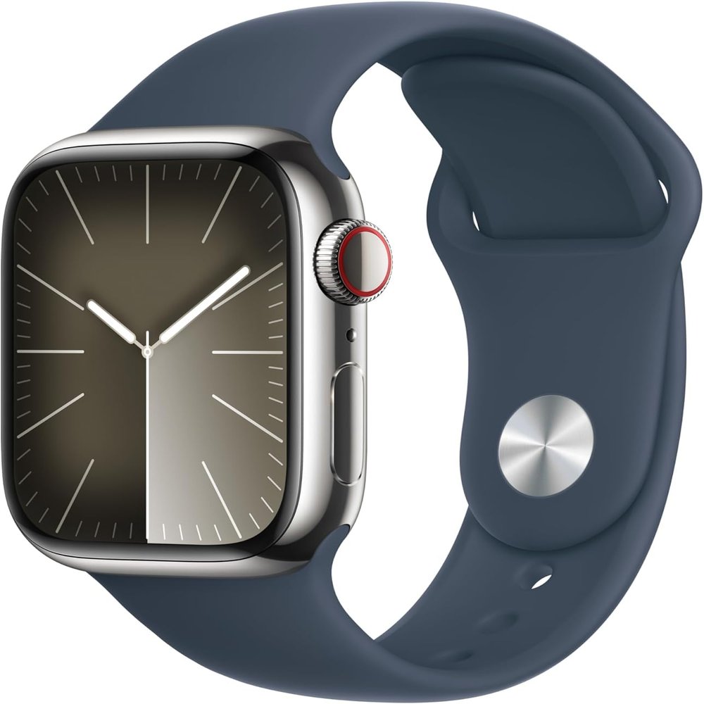 Apple Watch Series 9 [GPS + Cellular 41mm] Smartwatch with Silver Stainless Steel Case with Storm Blue Sport Band S/M. Fitness Tracker, ECG Apps, Always-On Retina Display