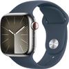 Apple Watch Series 9 [GPS + Cellular 41mm] Smartwatch with Silver Stainless Steel Case with Storm Blue Sport Band S/M. Fitness Tracker, ECG Apps, Always-On Retina Display view 1