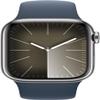 Apple Watch Series 9 [GPS + Cellular 41mm] Smartwatch with Silver Stainless Steel Case with Storm Blue Sport Band S/M. Fitness Tracker, ECG Apps, Always-On Retina Display view 2