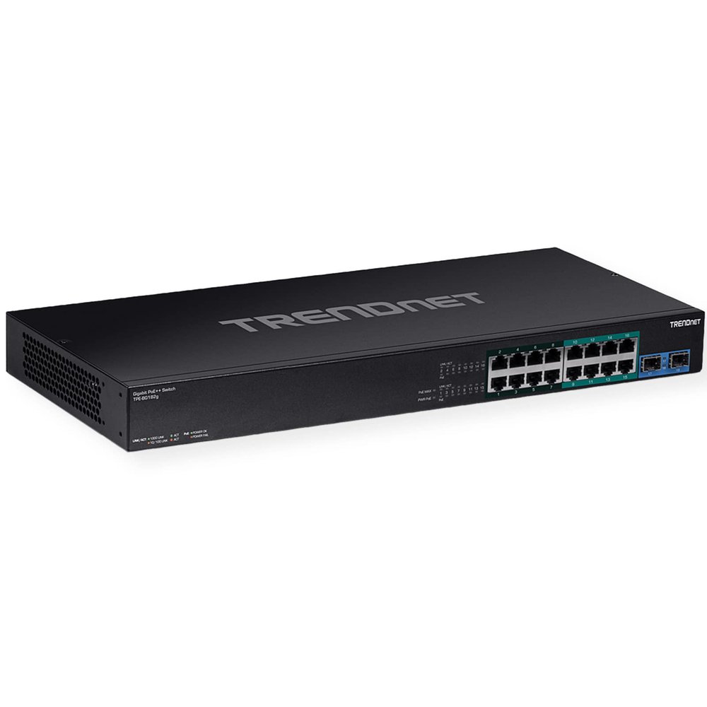 TRENDnet TPE-BG182g, 18-Port Gigabit 470W PoE++ Switch with 8 x 95W PoE++ Ports, 8 x 30W PoE+ Ports, 2 Gigabit SFP Slots,470W PoE Budget, 1U 19 Rack Mountable, Black (Renewed)