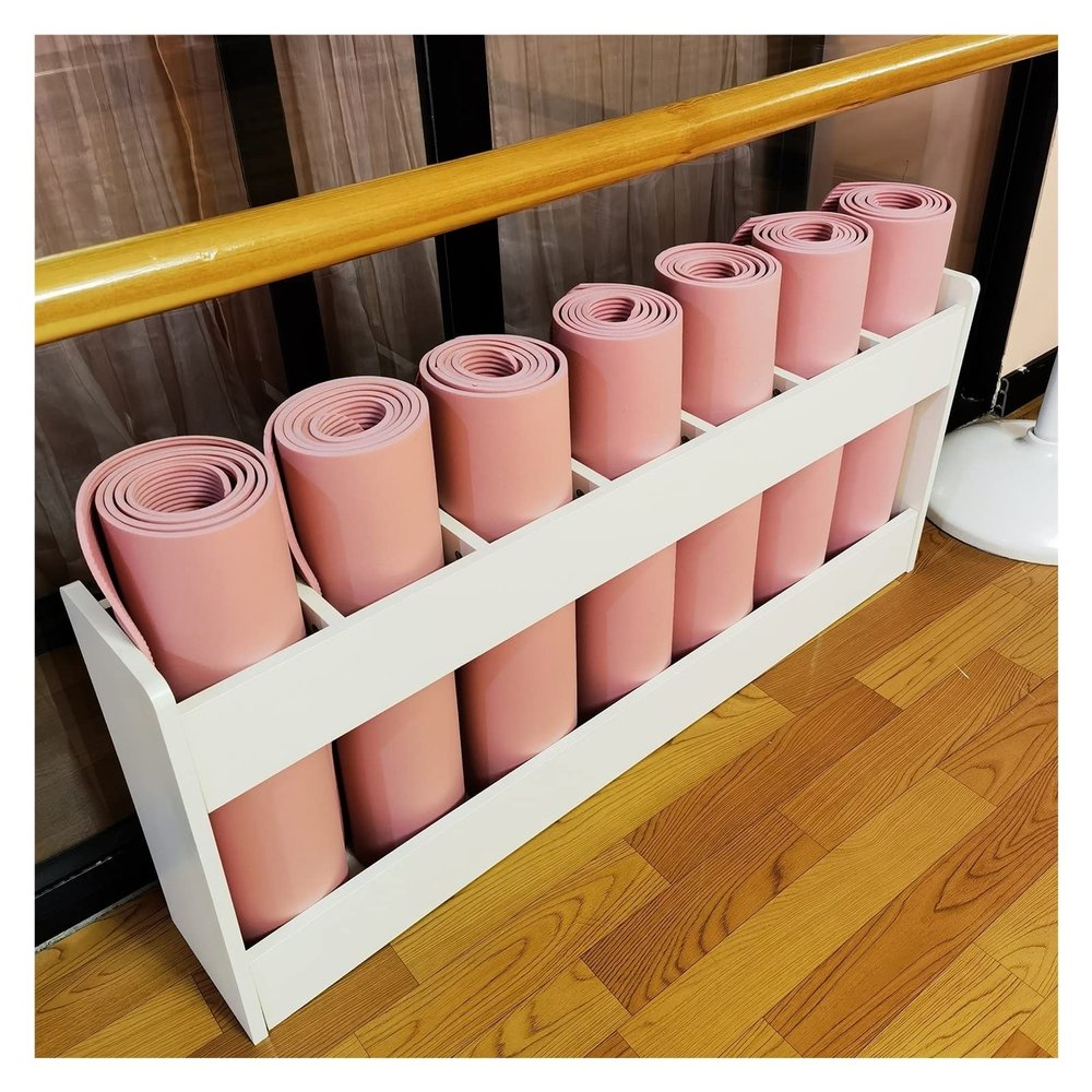 SOYDAN White Wooden Yoga Mat Rack, 7 Compartment Floor Stand Carpets Organizer, Yoga Mat Storage Holder for Home Gym, Nursery Schools