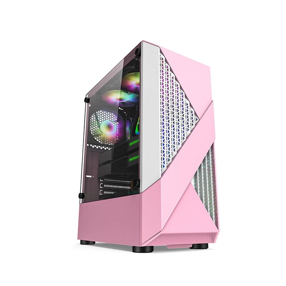 ARrase PC Gaming Case,Mid-Tower ATX/M-ATX/ITX Case,Pre-Installed with 6 Fans,USB3.0,Tempered Glass Side Panel,Supports Water Cooling,Easy Cable Management (Color : Pink), 18648