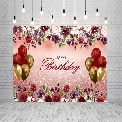 10x10ft Happy Birthday Backdrop Burgundy Flowers Rose Gold Glitter Bokeh Balloons Photography Background for Women Girls Birthday Party Decorations Supplies Photo Booth Backdrops