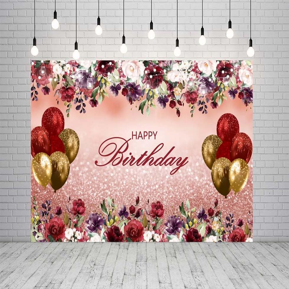 10x10ft Happy Birthday Backdrop Burgundy Flowers Rose Gold Glitter Bokeh Balloons Photography Background for Women Girls Birthday Party Decorations Supplies Photo Booth Backdrops