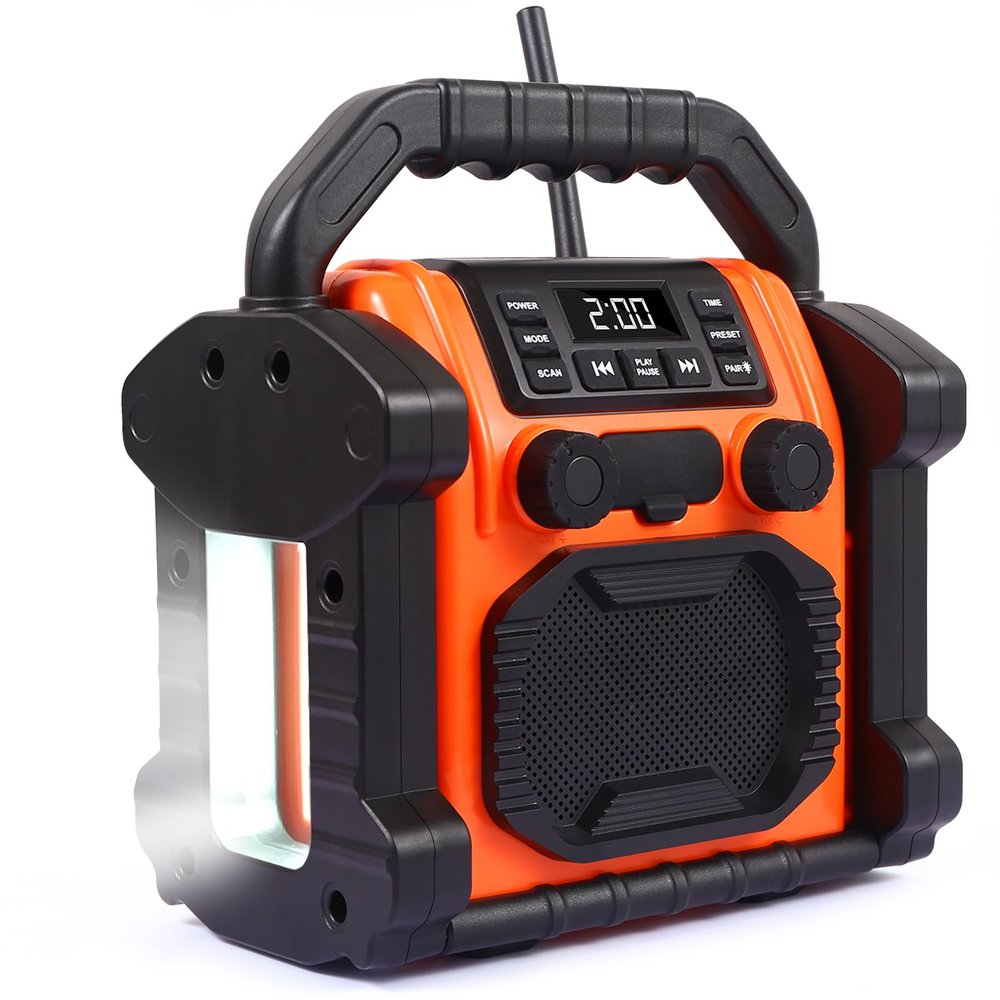 Bingxue Jobsite Radio Bluetooth Speaker, 30W IPX 66 Waterproof FM Clock Radio Portable with LED Lights, Anticollision FM Radios for Constrution Site/Outdoor/Fishing/Party/CampingOrange