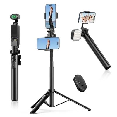 ULANZI MT-70 Extendable Tripod, 63" Selfie Stick Vlog Tripod Stand with 2 Phone Clips as Teleprompter, 360 Rotate Camera Holder for iPhone, Sony, Canon, DJI Osmo Nano, Lightweight for Travel, Black