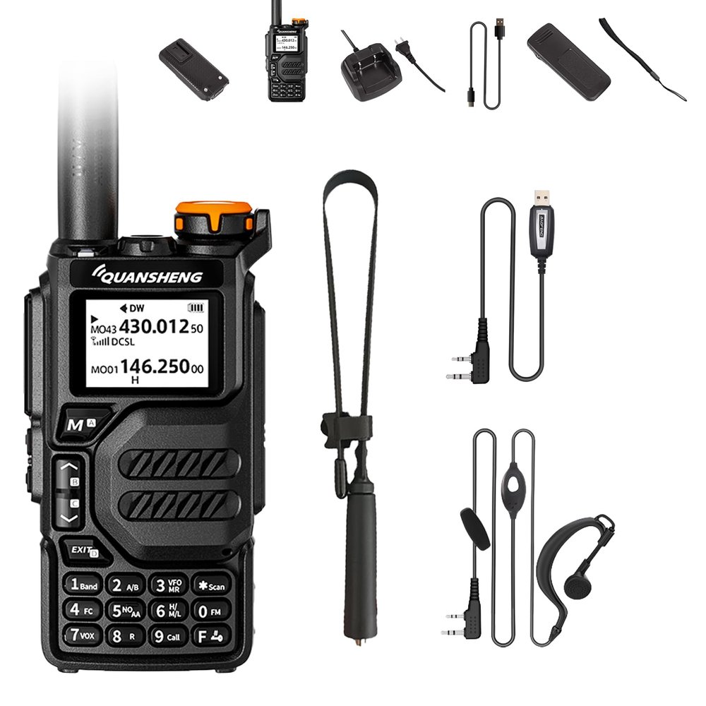 Quansheng UV-K5 Radio USB-C Charging Dual Band Two Way Radio Long Range for Adult 5W Long Range Handheld Radio NOAA Scrambler/DTMF One Key Copy with 18.89in Tactical Antenna Cable and Headset
