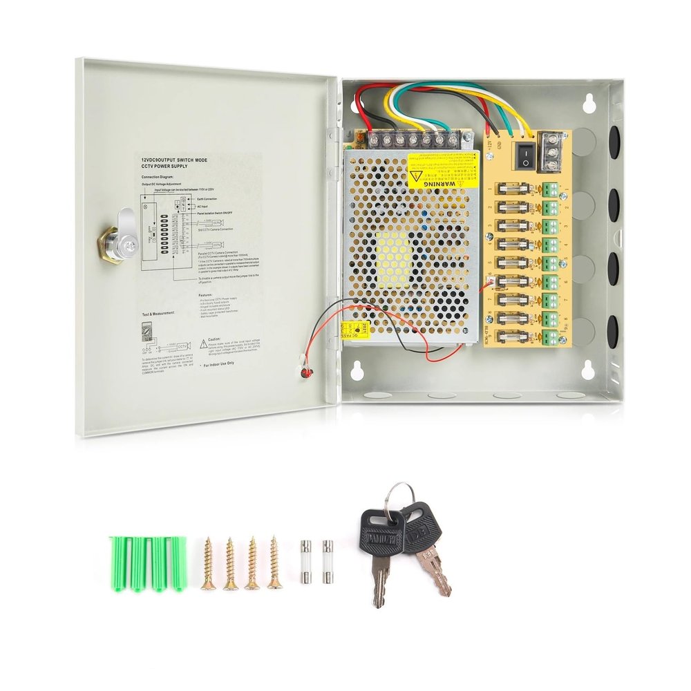 OVCOSER 1PCS CCTV Power Box, 9 Port Channel DC 12V 10A 120W Power Distribution Metal Fuse AC 110-240V Surveillance Camera (Size : 110V, Color : 120W)