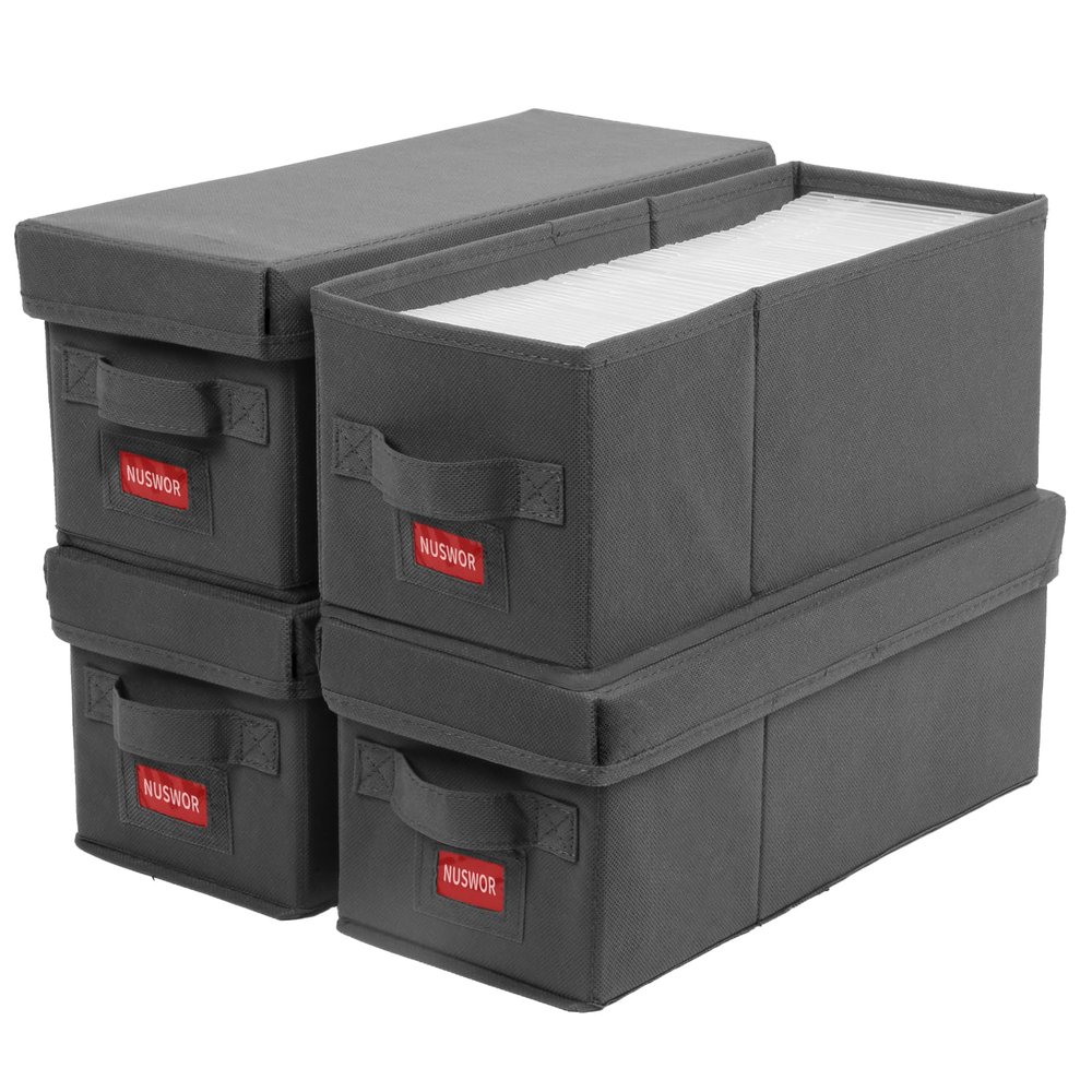 NUSWOR Stackable CD Organizer Box with Lid | 4 Pack | Grey