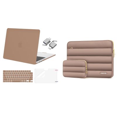 MOSISO Compatible with MacBook Air 13.6 inch Case 2022-2024 A2681 M2, Plastic Hard Case&Polyester Horizontal Sleeve Bag with Small Case&Keyboard Skin&Screen Protector&Type C, Brown & Caramel Brown