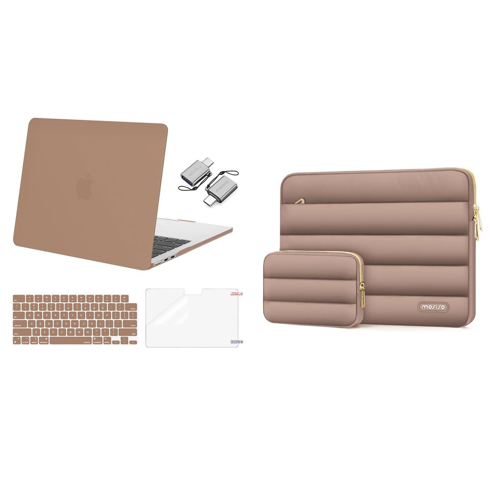 MOSISO Compatible with MacBook Air 13.6 inch Case 2022-2024 A2681 M2, Plastic Hard Case&Polyester Horizontal Sleeve Bag with Small Case&Keyboard Skin&Screen Protector&Type C, Brown & Caramel Brown