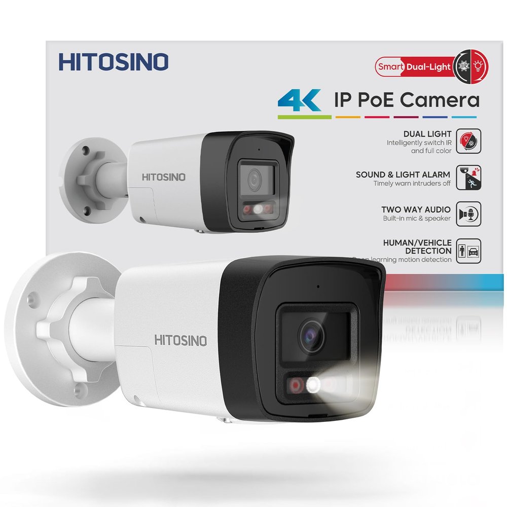 HITOSINO 4K Outdoor Bullet PoE Camera - 8MP Active Deterrent IP Camera, Smart Color Night (98ft), 2-Way Audio, Human/Vehicle Detection, Full Metal IP67, 127 Wide Angle, 120dB WDR, Hik-Connect/SADP