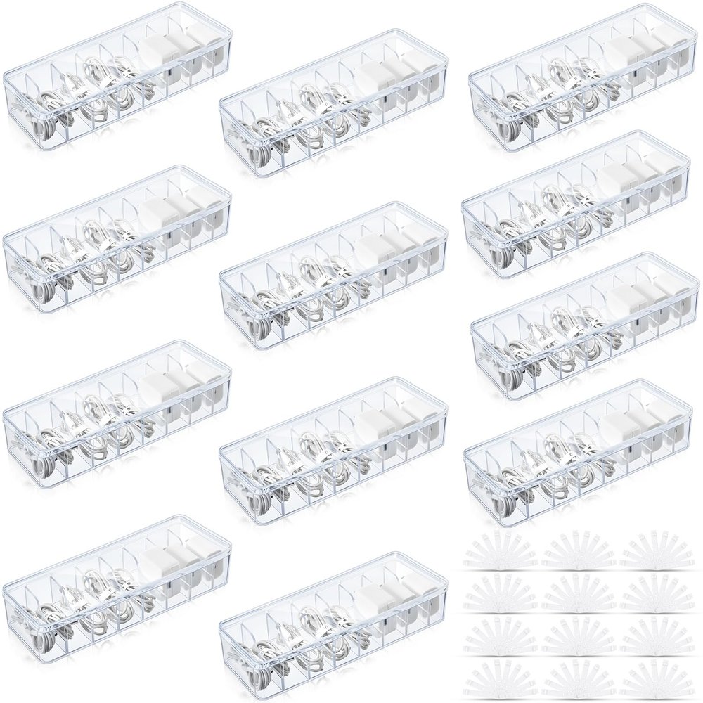 Tatuo 12 Pcs Cable Organizer Box with Wire Ties, Plastic Cord Storage Box with Lid, Electronics Organizer for Home Office Desk Organizers and Accessories (Clear)