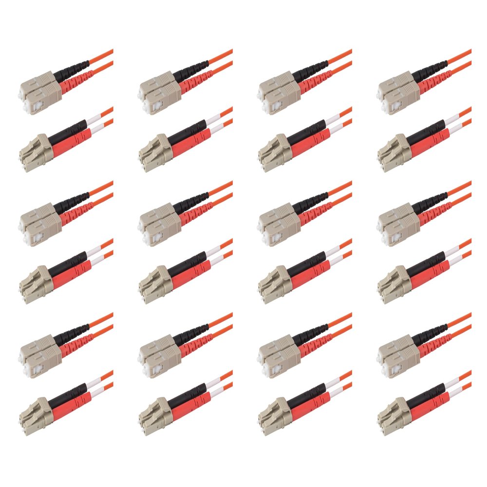SpeedyFiberTX 12-Pack 22 Meter SC to LC Fiber Optic Patch Cable, Red and Black Boots, Corning InfiniCor Multimode OM1 62.5/125um Optical Fiber, Duplex Orange Riser OFNR Cable Jacket