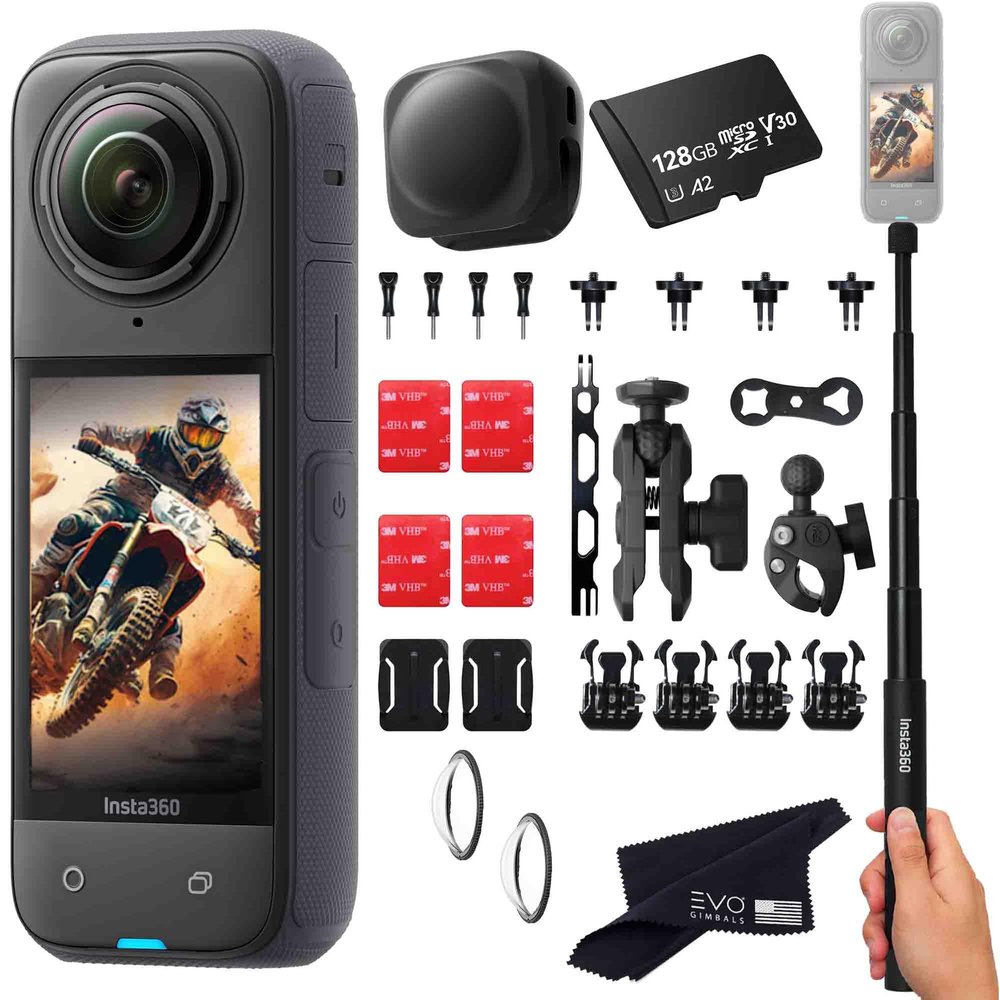 Insta360 X4 - Waterproof 360 Action Camera with 1/2"" 48MP Sensors, 5.7K 360 HDR Video, 4K Single-Lens, 2.29"" Touchscreen|Includes Motorcycle Bundle, Selfie Stick, Lens Guard&SD Card, Black