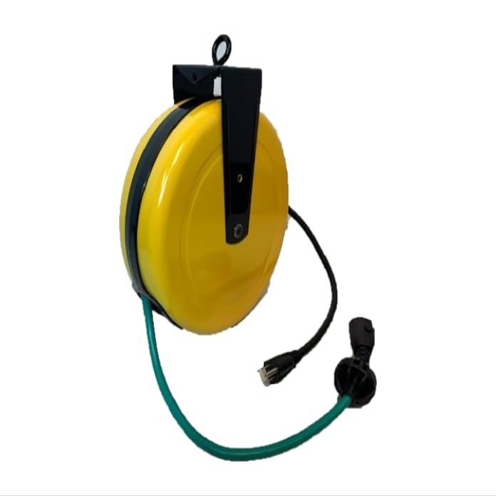 25 ft Locking, Retractable Extension Cord Reel - 15 amp (GREEN CORD)