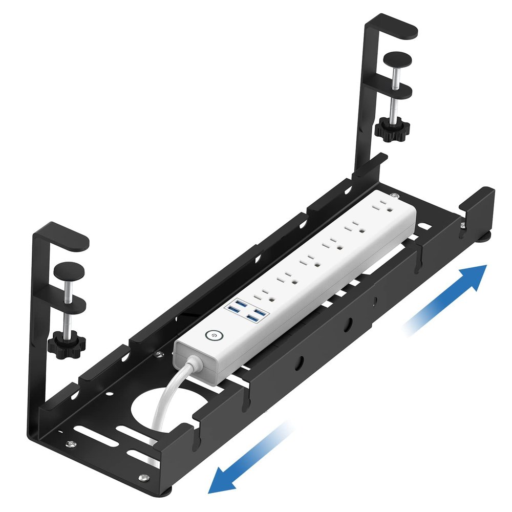 Cable Organizer Box No Drilling Extendable Under Desk Cable Management Metal Cable Tray Under Desk with Clamp Retractable Power Strip Cord Holder Cable Management Box
