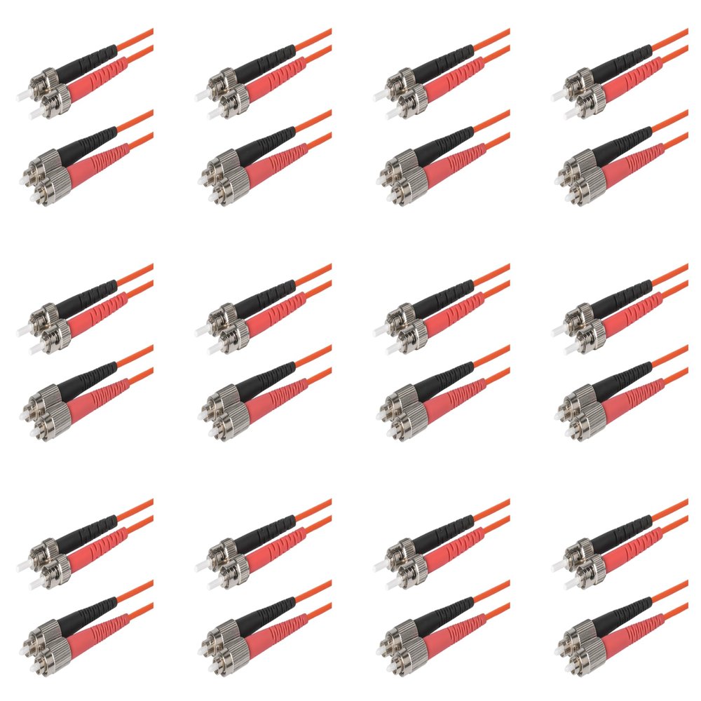 SpeedyFiberTX 12-Pack 3.5 Meter ST to FC Fiber Optic Patch Cable, Red and Black Boots, Corning InfiniCor Multimode OM1 62.5/125um Optical Fiber, Duplex Orange Riser OFNR Cable Jacket
