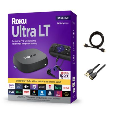 Roku Ultra LT Streaming Device, 4K | HDR | Dual-Band, Wi-Fi, with Roku Voice Remote and HDMI Cable, with MTC USB Extension Cord and HDMI Cable