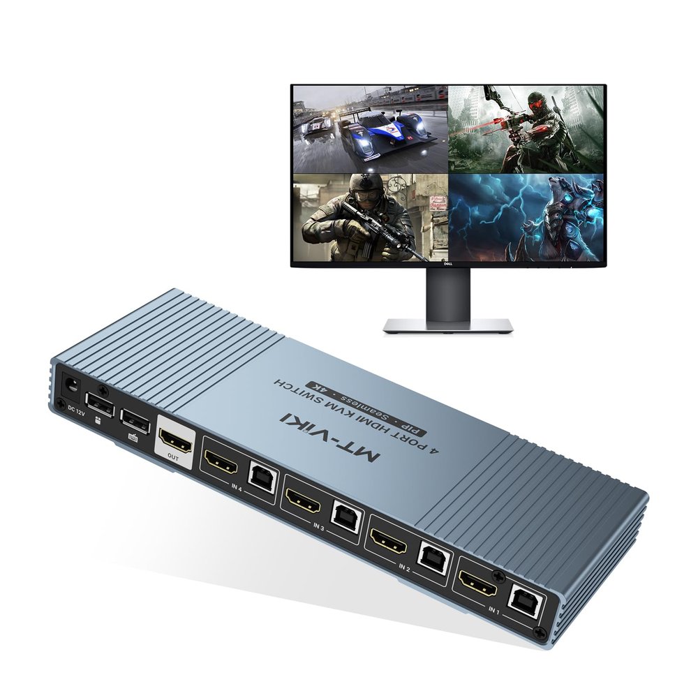 MT-VIKI 4K Quad HDMI KVM Multiviewer 4x1 w/PIP POP, Support ONE Set of Keyboard/Mouse/Monitor Control 4 PCs, 4K@30Hz Support Hotkey/Button Seamless Switching