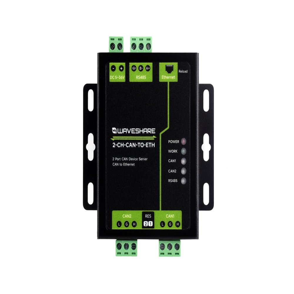 Waveshare Industrial Grade 2-Ch CAN to Ethernet Server, 2-Ch CAN + RS485 + Ethernet Port, Supports CAN Repeater/CAN to RS485, Dual Socket, Aluminium Alloy Case, Wall-Mount Support