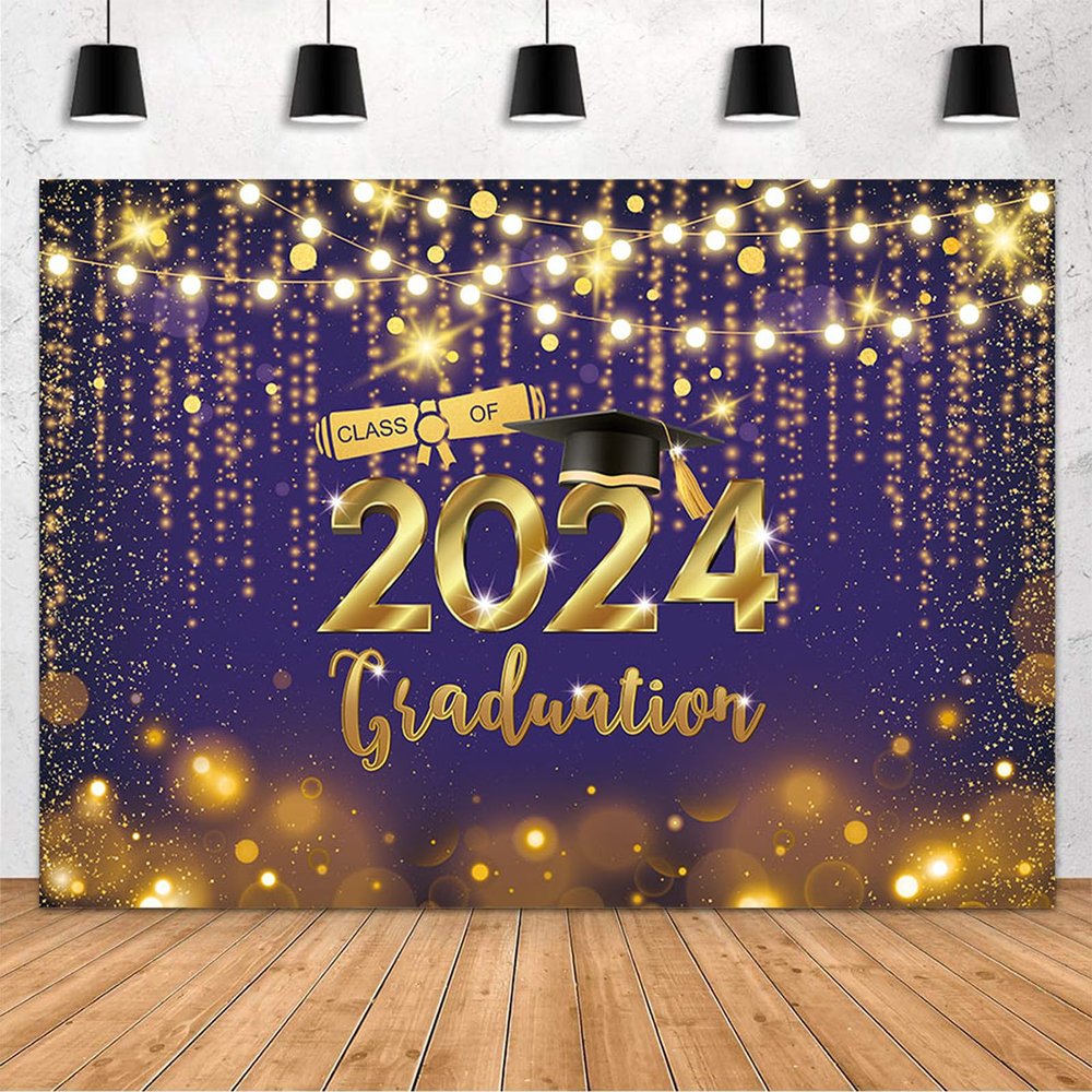 MEHOFOND 8x6ft Class of 2024 Graduation Backdrop Purple Gold Graduation Photography Backdrop Congrats Grad Prom Party Decoration Banner Glitter 2024 Graduation Backdrop Party Decor Photo Studio Props