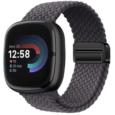 Braided Magnetic Bands Compatible with Fitbit Versa 4/Fitbit Versa 3/Sense 2/Sense 1,Soft Stretchy Elastic Nylon Sport Loop Strap for Women Men (Space Gray)