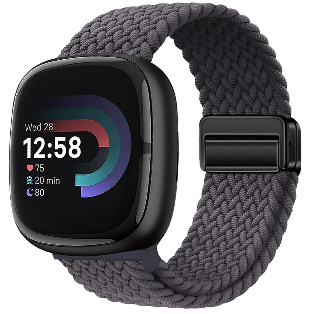 Braided Magnetic Bands Compatible with Fitbit Versa 4/Fitbit Versa 3/Sense 2/Sense 1,Soft Stretchy Elastic Nylon Sport Loop Strap for Women Men (Space Gray)