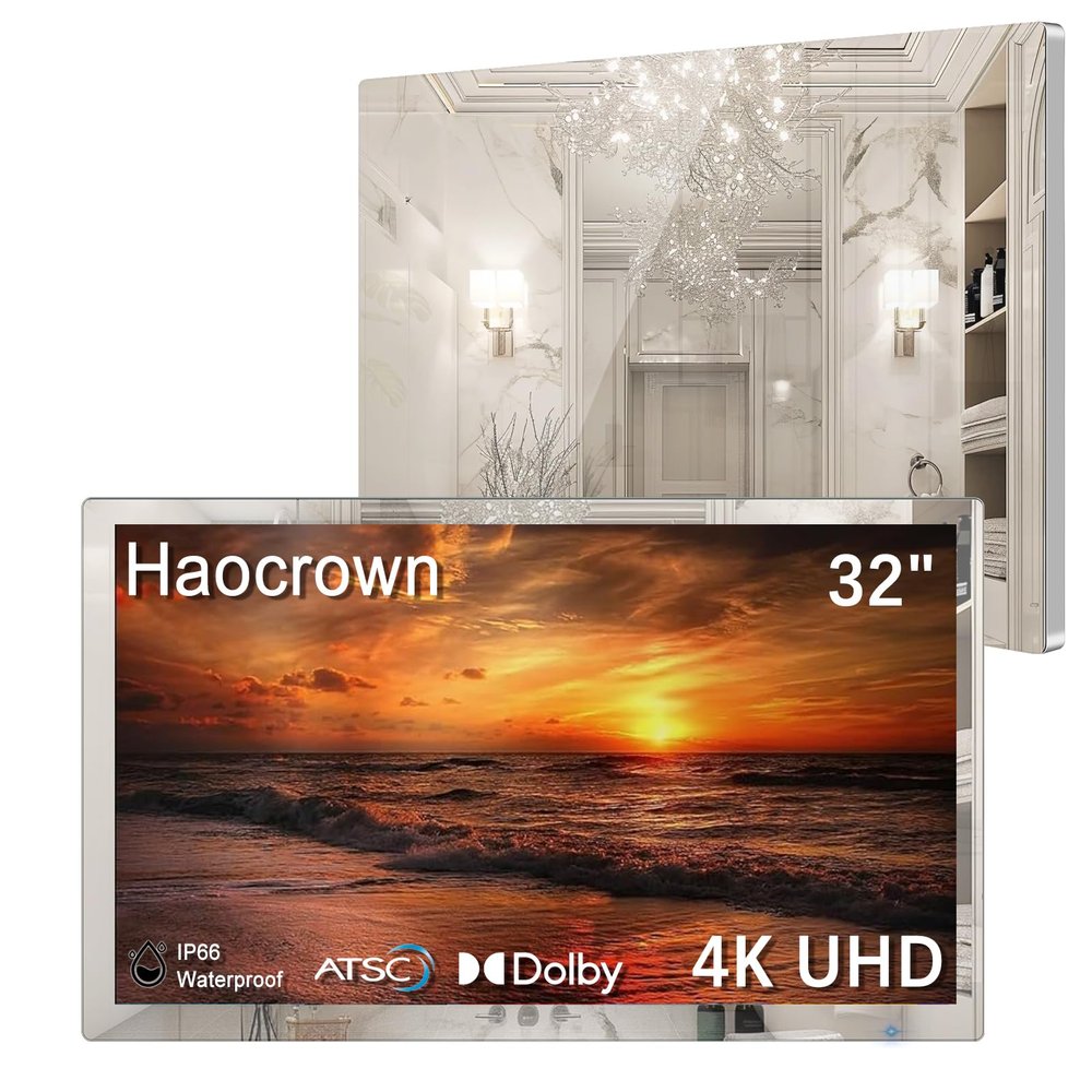 Haocrown 32" 4K Ultra HD Smart Bathroom Mirror TV, IP66 Waterproof, Android 13 OS Built-in Voice Assistant (Remote with Mic), ATSC Tuner, 500 cd/ High Brightness (Sliver Frame, 2025 Model)
