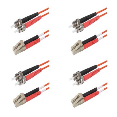 SpeedyFiberTX 4-Pack 100 Meter ST to LC Fiber Optic Patch Cable, Red and Black Boots, Corning InfiniCor Multimode OM1 62.5/125um Optical Fiber, Duplex Orange Riser OFNR Cable Jacket