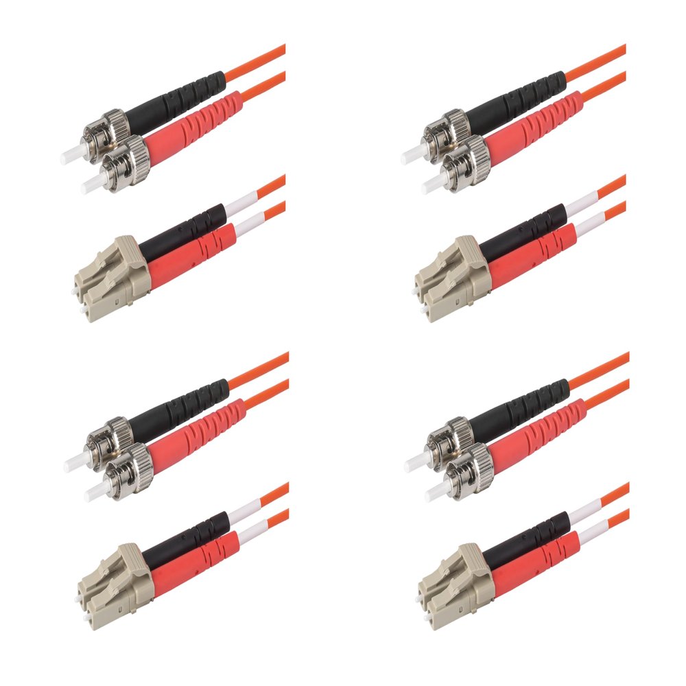 SpeedyFiberTX 4-Pack 100 Meter ST to LC Fiber Optic Patch Cable, Red and Black Boots, Corning InfiniCor Multimode OM1 62.5/125um Optical Fiber, Duplex Orange Riser OFNR Cable Jacket