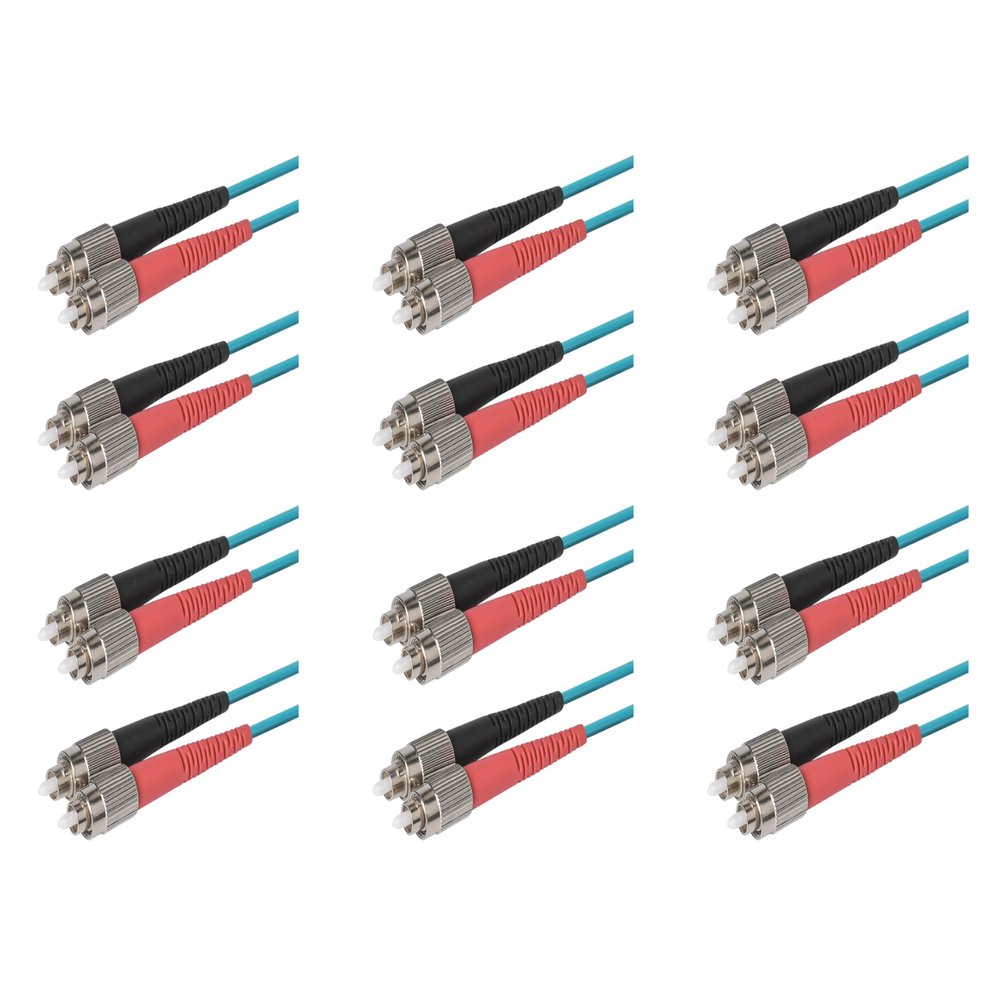 SpeedyFiberTX 6-Pack 200 Feet FC to FC Fiber Optic Patch Cable, Red and Black Boots, Corning ClearCurve Multimode OM3 50/125um Optical Fiber, Duplex Aqua Riser OFNR Cable Jacket