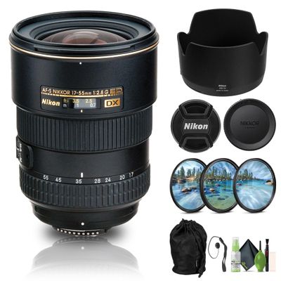 Nikon AF-S DX Zoom-NIKKOR 17-55mm f/2.8G IF-ED Lens (2147) + Filter Kit + Cap Keeper + Cleaning Kit