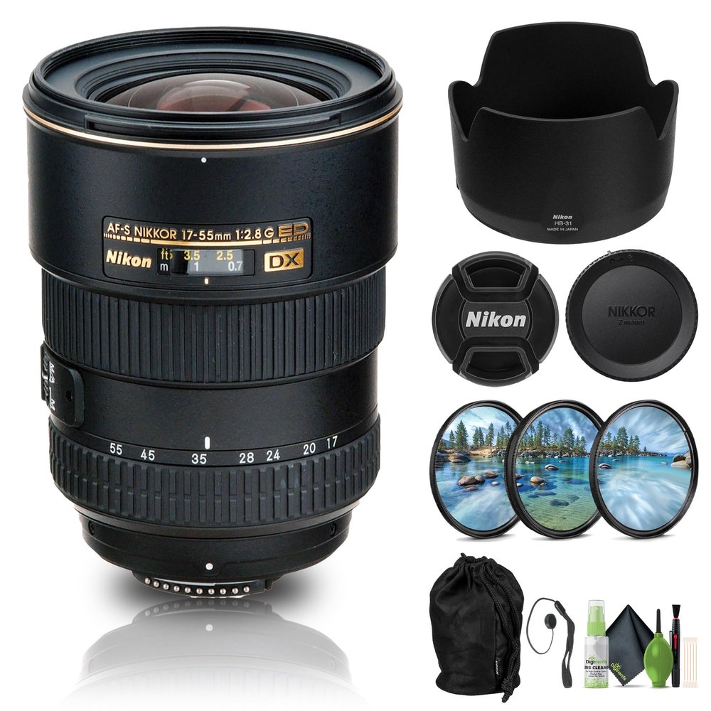 Nikon AF-S DX Zoom-NIKKOR 17-55mm f/2.8G IF-ED Lens (2147) + Filter Kit + Cap Keeper + Cleaning Kit