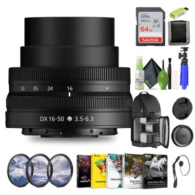 Nikon NIKKOR Z DX 16-50mm f/3.5-6.3 VR Lens (20084) + 64GB Memory Card + Filter Kit + Backpack + Card Reader + Corel Photo Software + Flex Tripod + Memory Wallet + Cap Keeper + Cleaning Kit