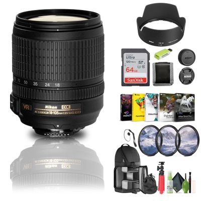 Nikon AF-S DX NIKKOR 18-105mm f/3.5-5.6G ED VR Lens (2179) + 64GB Memory Card + Filter Kit + Backpack + Card Reader + Corel Photo Software + Flex Tripod + Memory Wallet + Cap Keeper + Cleaning Kit