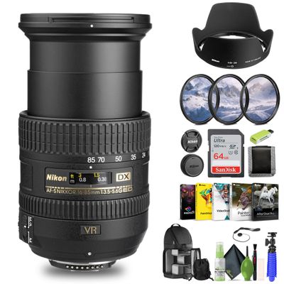 Nikon AF-S DX NIKKOR 16-85mm f/3.5-5.6G ED VR Lens (2178) + 64GB Memory Card + Filter Kit + Backpack + Card Reader + Corel Photo Software + Flex Tripod + Memory Wallet + Cap Keeper + Cleaning Kit