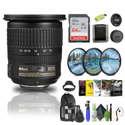 Nikon AF-S DX NIKKOR 10-24mm f/3.5-4.5G ED Lens (2181) + 64GB Memory Card + Filter Kit + Backpack + Card Reader + Corel Photo Software + Flex Tripod + Memory Wallet + Cap Keeper + Cleaning Kit