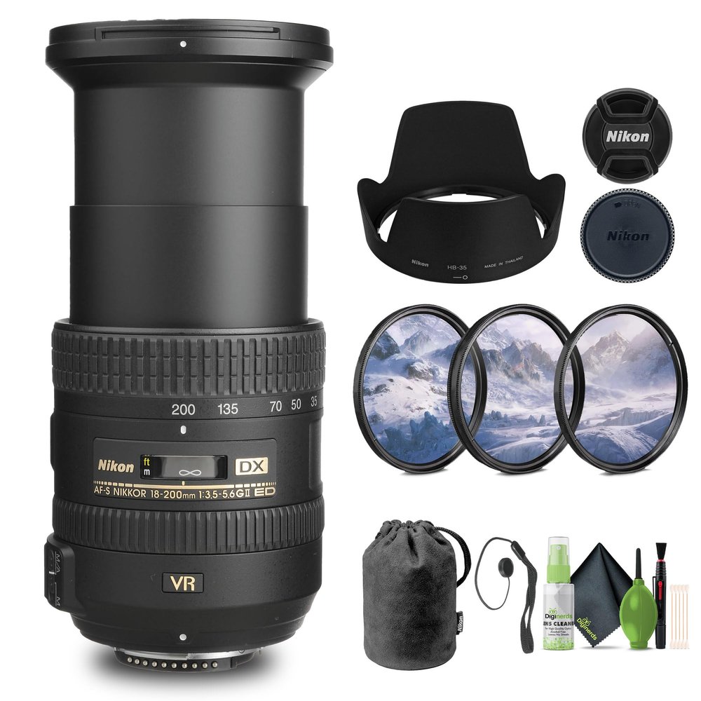 Nikon AF-S DX NIKKOR 18-200mm f/3.5-5.6G ED VR II Lens (2192) + Filter Kit + Cap Keeper + Cleaning Kit