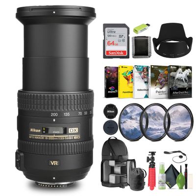 Nikon AF-S DX NIKKOR 18-200mm f/3.5-5.6G ED VR II Lens (2192) + 64GB Memory Card + Filter Kit + Backpack + Card Reader + Corel Photo Software + Flex Tripod + Cap Keeper + Cleaning Kit (Renewed)