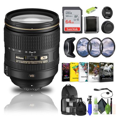 Nikon AF-S NIKKOR 24-120mm f/4G ED VR Lens (2193) + 64GB Memory Card + Filter Kit + Backpack + Card Reader + Corel Photo Software + Flex Tripod + Memory Wallet + Cap Keeper + Cleaning Kit (Renewed)
