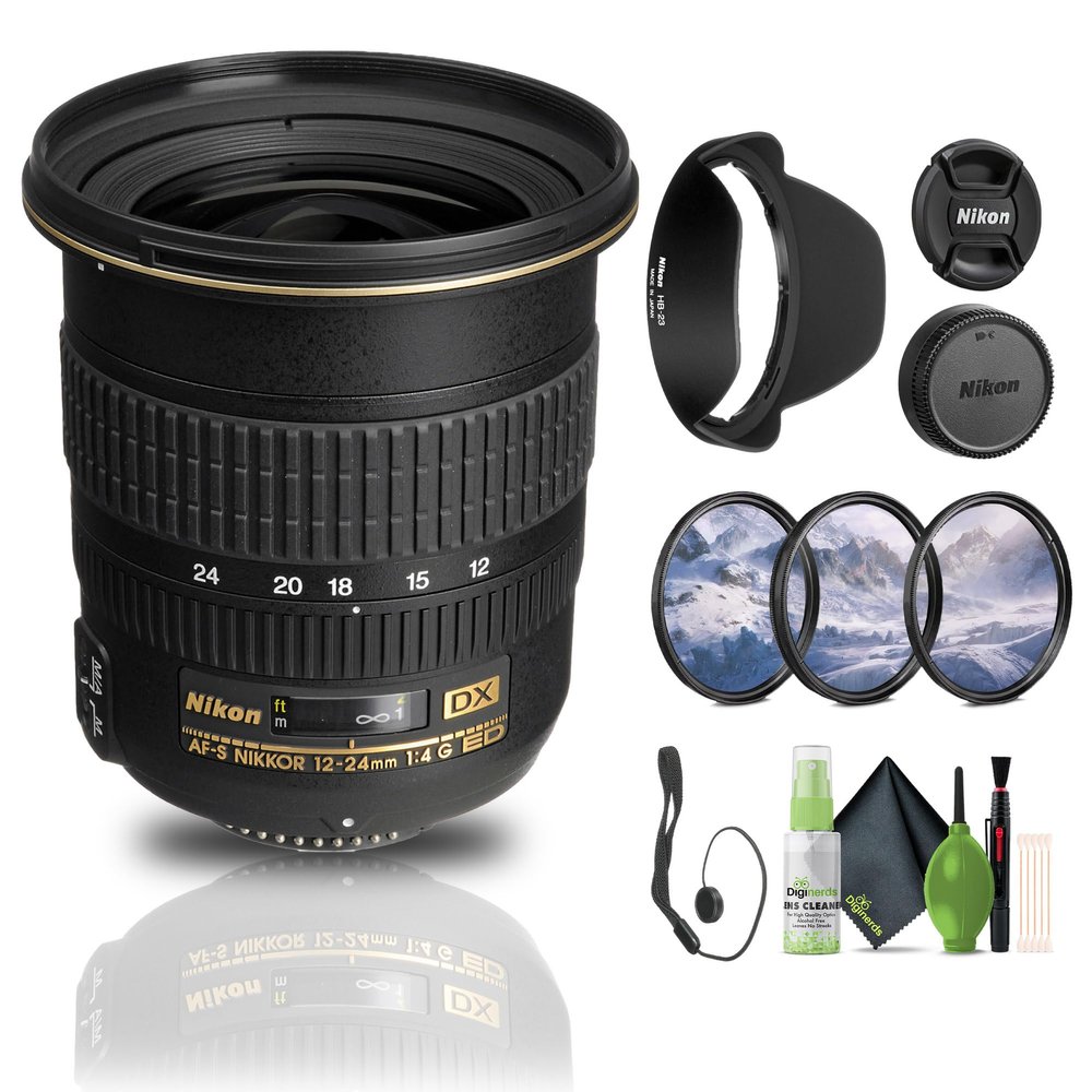 Nikon AF-S DX Zoom-NIKKOR 12-24mm f/4G IF-ED Lens (2144) + Filter Kit + Cap Keeper + Cleaning Kit