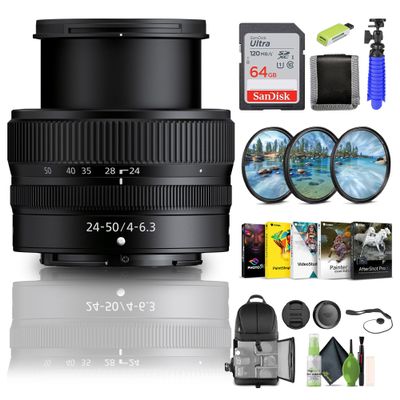 Nikon NIKKOR Z 24-50mm f/4-6.3 Lens (20096) + 64GB Memory Card + Filter Kit + Backpack + Card Reader + Corel Photo Software + Flex Tripod + Memory Wallet + Cap Keeper + Cleaning Kit (Renewed)