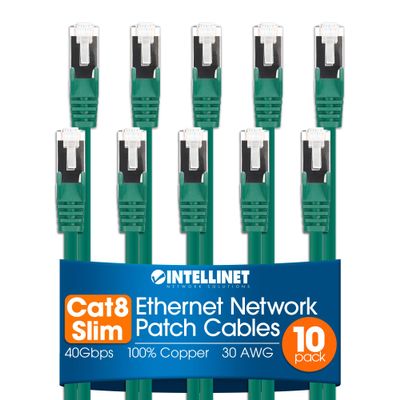 Intellinet Cat8.1 Slim U/FTP RJ45 Ethernet Cable 10-Pack, 5 ft, Green